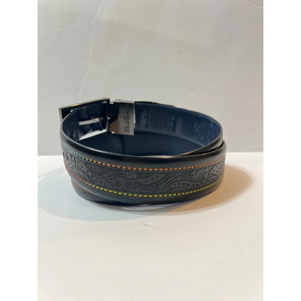 Robert Graham Mens Black Leather Paisley Embossed Belt Rainbow Stitch Size 32